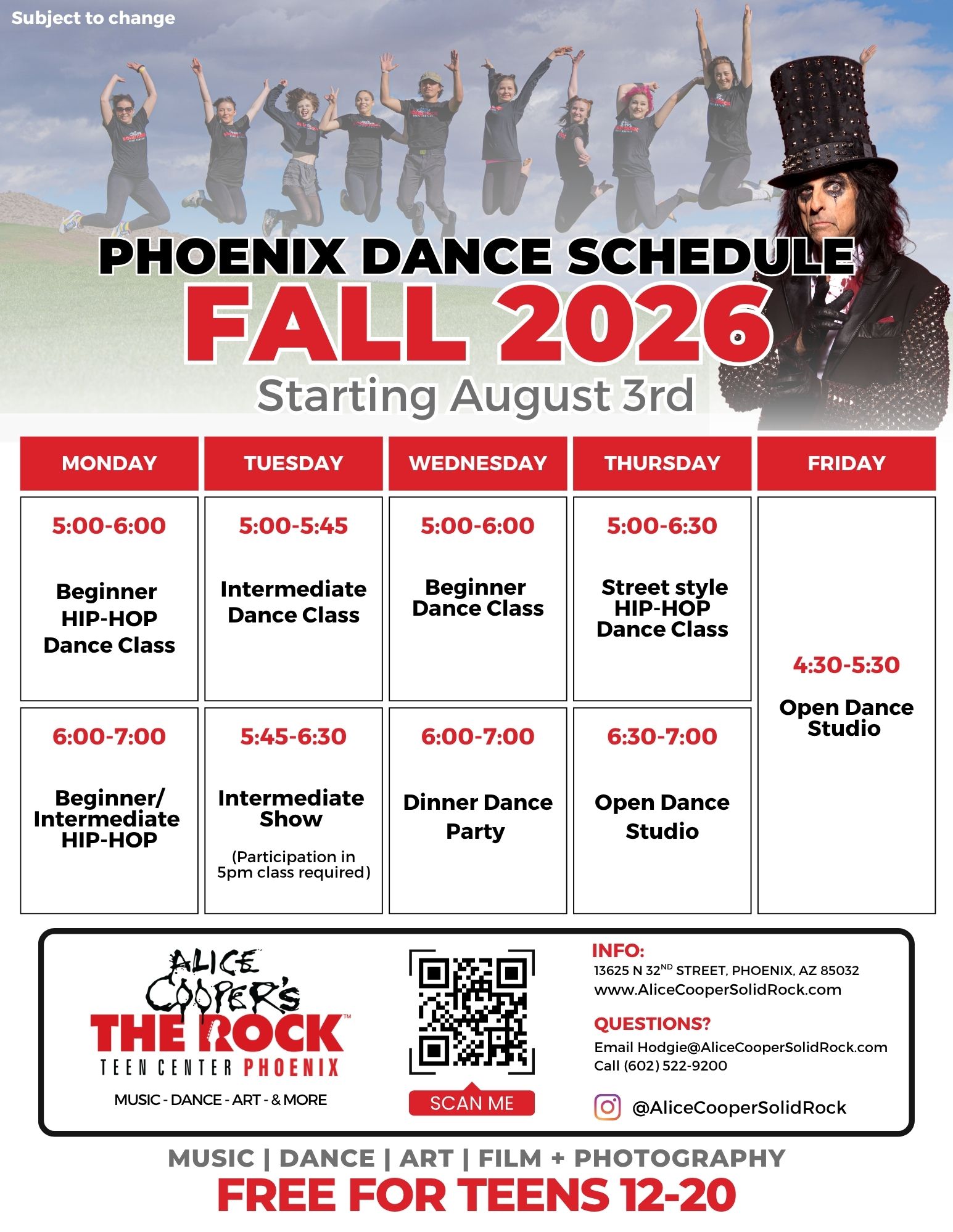 Jan 14. PHX DANCE SCHED alice cooper’s solid rock teen centers arizona phoenix mesa goodyear phoenix dance schedule